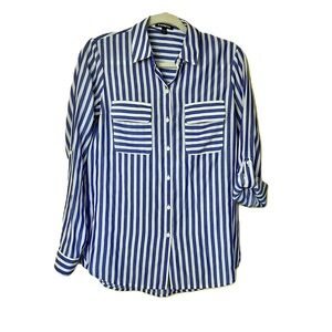 Express Sz SPWomens Button Front Stripped Blouse Flap Pockets Roll up Sleeves
